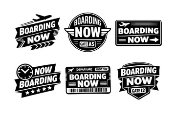 Obraz premium Boarding now signs and badges collection presenting airport gates, flight departure, and travel concepts