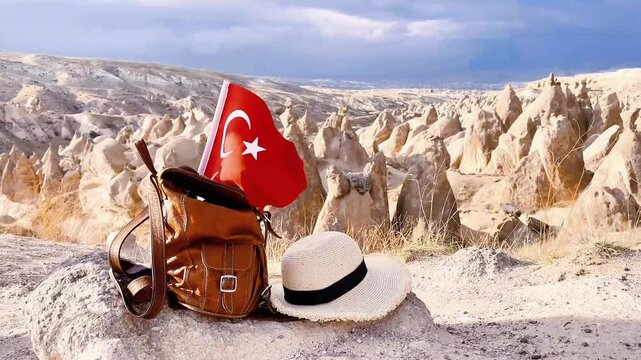 travel concept in cappadocia with turkish flag and backpack in devrent valley, straw hat on rock formations of anatolia, authentic adventure and exploration of turkey at sunrise