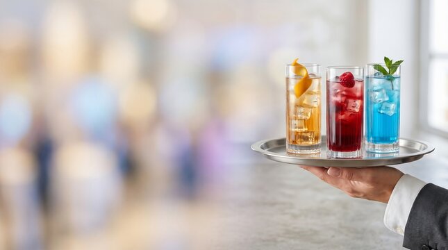 A waiter serves colourful cocktails on a silver tray.