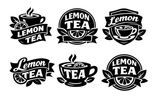Set of black and white lemon tea logos, featuring cups, lemons, and leaves, ideal for branding and packaging