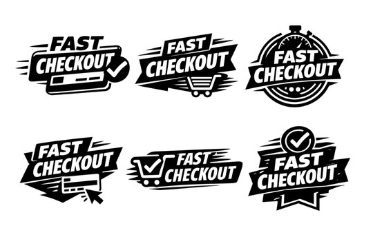 Fast checkout badges and stickers presenting concepts of quick payment, rapid purchasing, and efficient online shopping