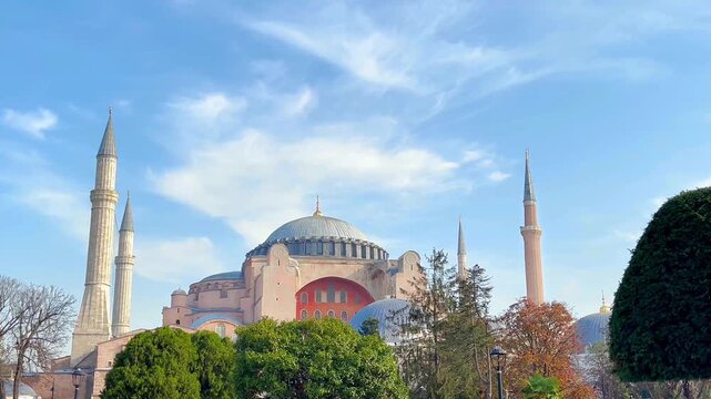 hagia sophia grand mosque in istanbul turkey, iconic byzantine architecture and ottoman landmark, conceptual symbol of cultural fusion and religious heritage, panoramic view with minarets
