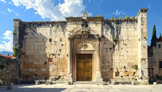 Ancient stone building with a large wooden door
