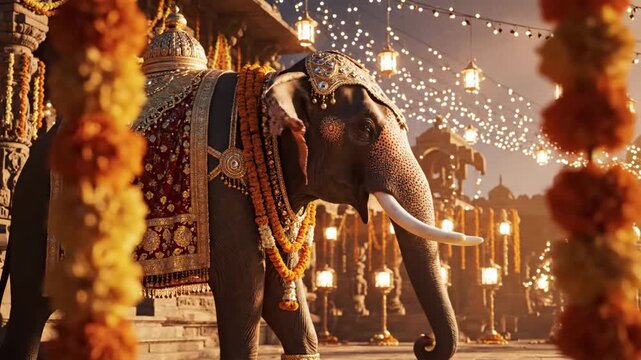 A majestically adorned elephant stands illuminated by festive lights at the vibrant thrissur pooram festival.