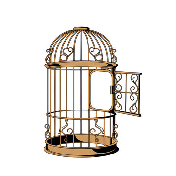 Ornate Golden Birdcage with Open Door


