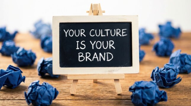 Small chalkboard on a wooden easel with 'your culture is your brand' surrounded by crumpled blue paper on a wooden desk