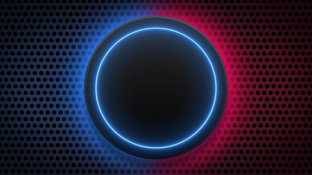 Black round frame with a blue line, with a glow effect on a colored light background. Emblem, badge, label. 4K video