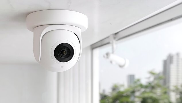 A white security camera is mounted indoors near a large window overlooking urban buildings and greenery.