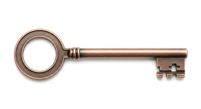 Antique brass skeleton key with ornate bow and bit on white background