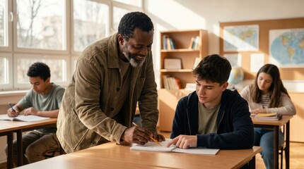 Fototapeta premium Experienced African American Male Teacher Helping Diverse High School Student with Classroom Assignment.