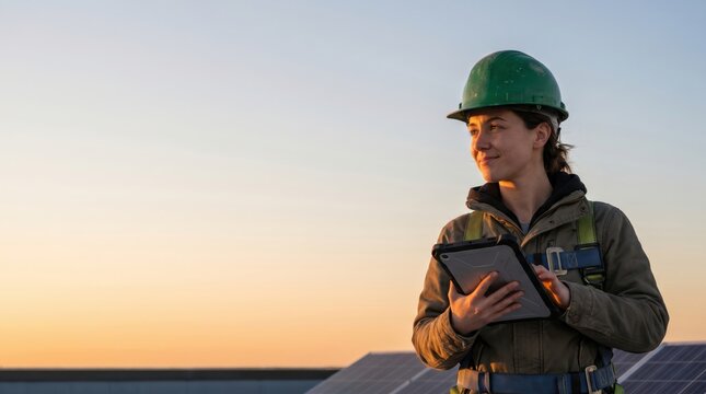 Female Engineer in Hard Hat Inspecting Solar Panels at Sunset.