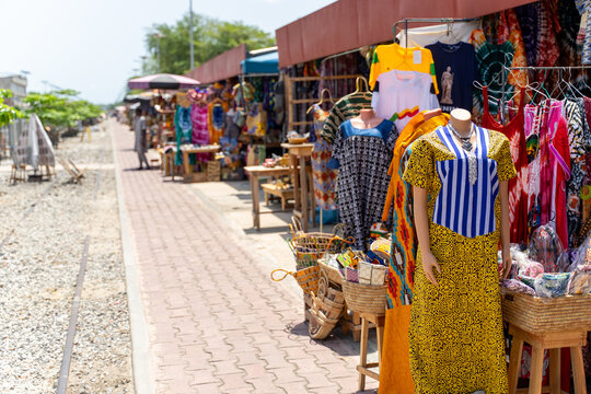 African tourist arts and crafts market in Cotonou, Benin, West-Africa