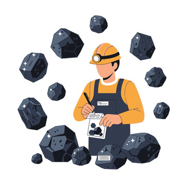Miner Inspecting Coal Rocks, Geological Survey and Resource Extraction Concept