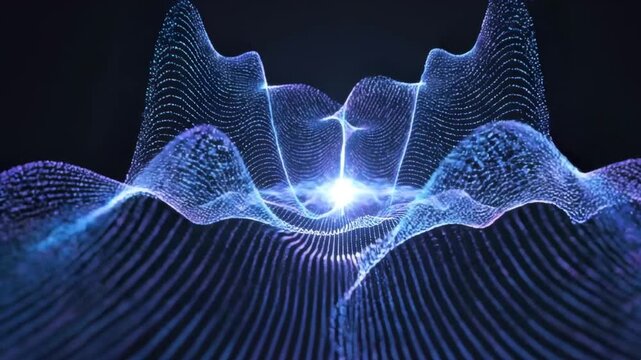Digital data wave oscillating with glowing light, tracking shot
