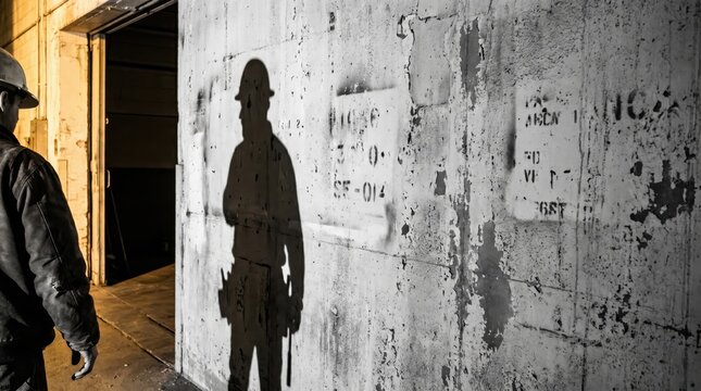 Industrial workers shadow on a textured concrete wall at a construction site.