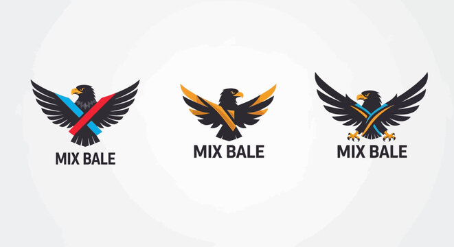 Three distinct eagle logo designs for 'MIX BALE' brand, featuring black eagles with various colored ribbons across their chests, presented on a simple background.