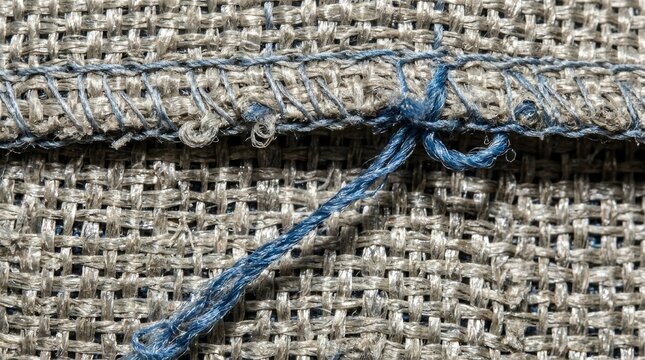 Macro detail of a coarse woven burlap fabric with a blue stitched seam and loose thread. Industrial textile texture background showing intricate weave pattern and stitching.
