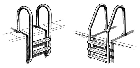 Swimming pool steps and stainless steel ladder in isometric hand drawn engraving style © Kumamoto