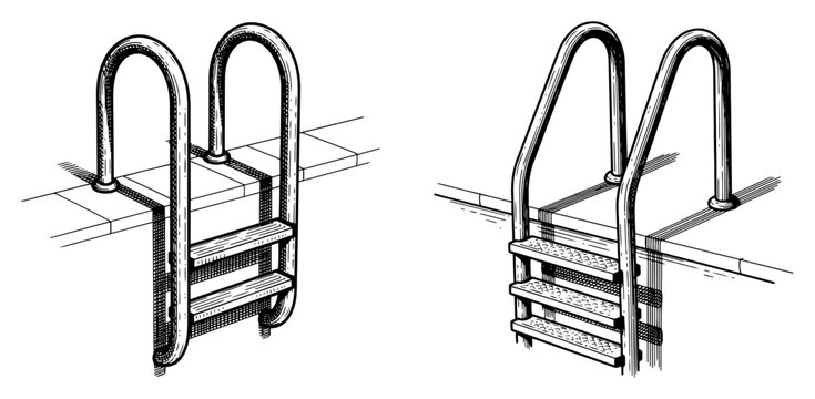 Swimming pool steps and stainless steel ladder in isometric hand drawn engraving style