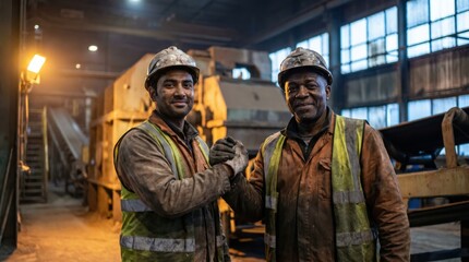 Fototapeta premium Two diverse male factory workers in hard hats shaking hands in a large industrial setting.