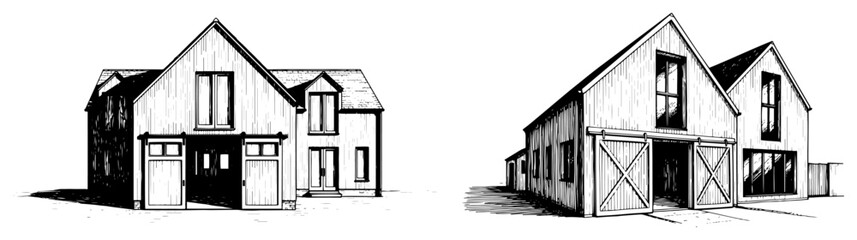 Modern barn houses with wooden cladding and large windows in hand drawn engraving style © Kumamoto