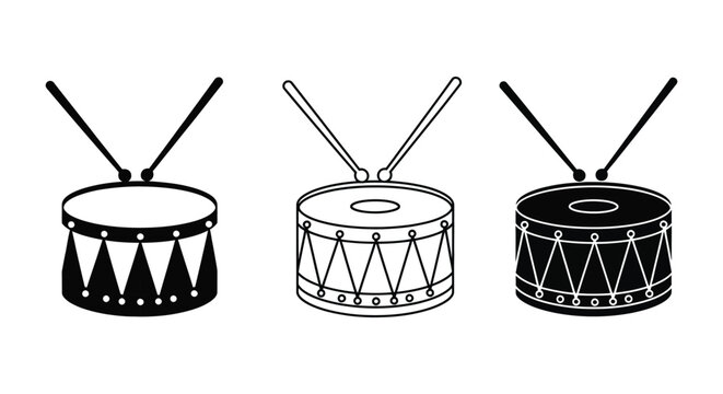Drum set illustration with three black and white drums and drumsticks