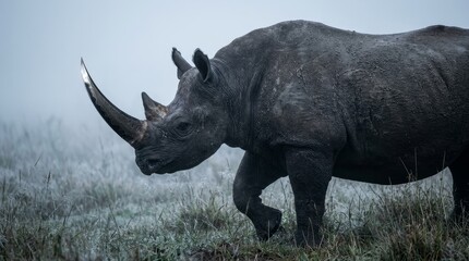 Obraz premium Black rhinoceros with blade horn emerging from mist dramatic wildlife fantasy concept