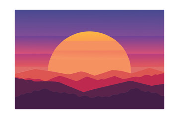 Obraz premium Mountain range sunset vector landscape with purple sky and layered peaks for adventure background