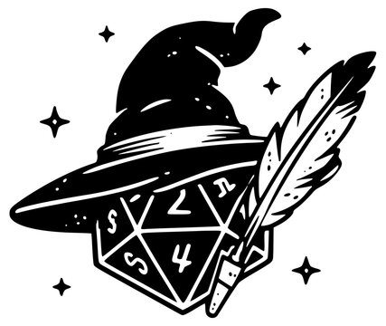 Fantasy dice D20 wizard hat role playing game illustration