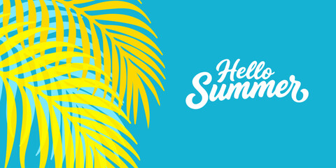 Summer time background with palm trees, Beach umbrella with chairs on the sand. summer sky and sea.Tropical leaves .Summer greeting clipart poster set with tropical palm leaves. © Jeff design