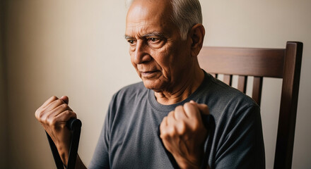 Obraz premium An elderly man sitting on a chair with fists clenched expressing strong emotions.