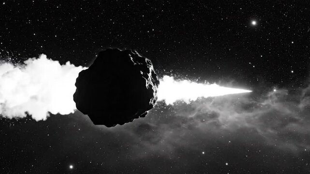 Black and white artistic depiction of a large asteroid expelling smoke and light particles while hurtling through the starry cosmos