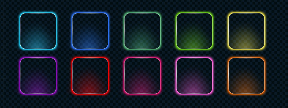 Neon call action square frame set in multicolor glowing tones including blue, green, yellow, red, pink and orange. Futuristic luminous elements for UI design.