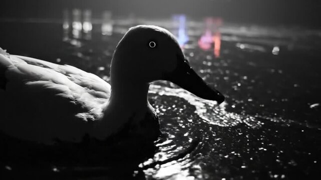 serene close up of a white duck floating in the water at night with city lights