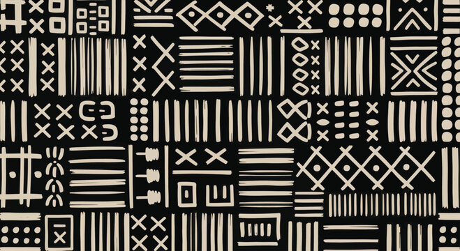 Abstract African Mud Cloth Pattern with Geometric Shapes and Traditional Symbols.