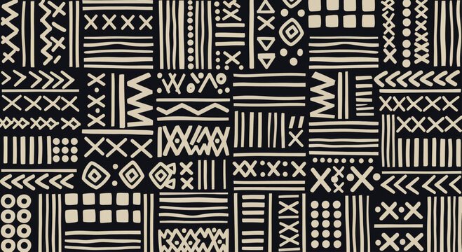 Abstract African Mud Cloth Pattern with Geometric Shapes and Tribal Motifs.