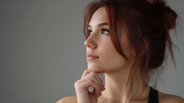 A pensive side profile portrait of a young woman deep in thought against a soft neutral background