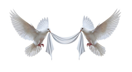 Fototapeta premium Two doves flying together with a white ribbon in their beaks