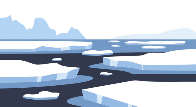 Arctic Icebergs Floating in Cold Ocean Water Landscape.