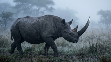 Fototapeta premium Black rhinoceros with blade horn emerging from mist dramatic wildlife fantasy concept