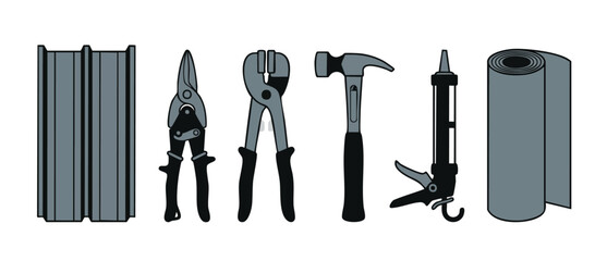 Construction Hand Tools Set with Roofing Equipment, Hammer, Tin Snips, Caulking Gun and Metal Flashing Roll for Professional Building Projects and DIY Renovation Work on White Background Isolated Vect © Fernando