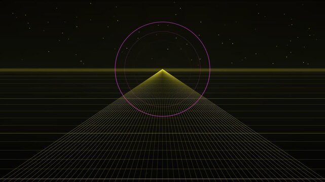 Abstract digital grid landscape with neon circle in retro synthwave style, cinematic motion forward.