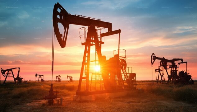 Oil pumpjacks operate at sunset in an open field, silhouetted against a vibrant sky with warm orange and blue hues.