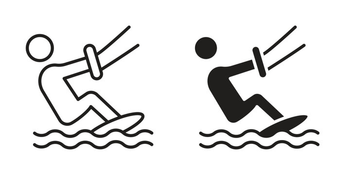 Kitesurf sign design. Editable outlined stroke and solid symbols