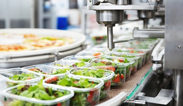 Automated machinery fills plastic containers with fresh salad ingredients in a food production line.