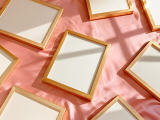 Fototapeta premium Luxury mockup with multiple blank white signs in gold frames on pink silk. Aesthetic background with sunlight shadows and window patterns. Set of golden frames for art or photography