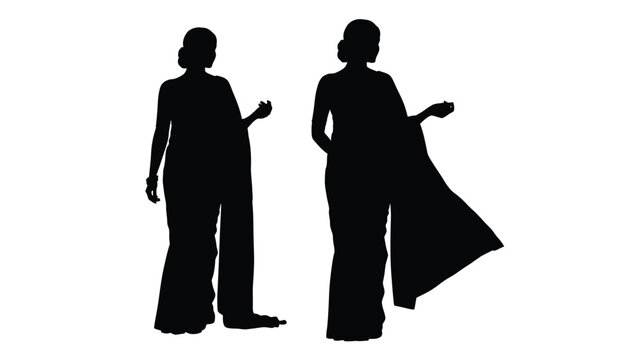 Two indian women in saris full body black silhouette