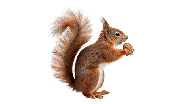 Squirrel holds acorn while standing on hind legs isolated on transparent background cut out
