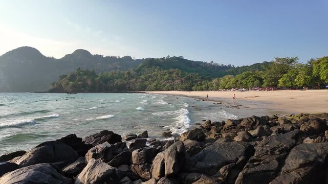 Koh Mook, Thailand: Panoramic footage of the Koh Muk Farang beach on a sunny day the Andaman sea in southern Thailand.