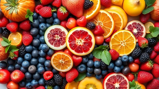 wellknown. A vibrant collection of fruits, berries, and vegetables arranged artistically from above. menu design, packaging mockups, designed for food delivery and cloud-kitchen brand materials.